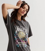New Look Dark Grey Sunshine Floral Mystic Skies Acid Wash Logo T-Shirt